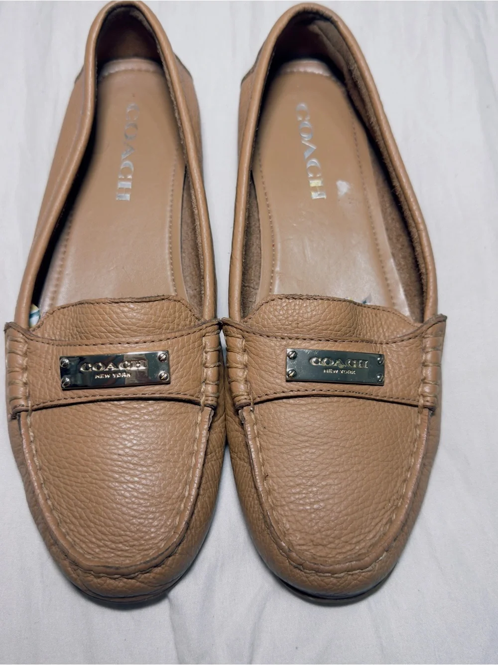 COACH Tan Pebbled Leather Penny Loafers with Gold Plaque